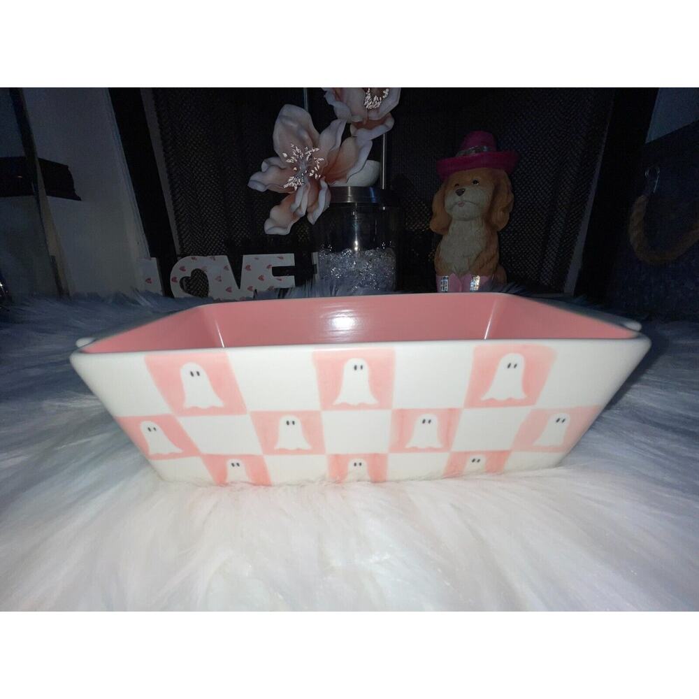 Prima Design Halloween Pink & White CHECKERED Ghost Baking Dish | Loaf Pan